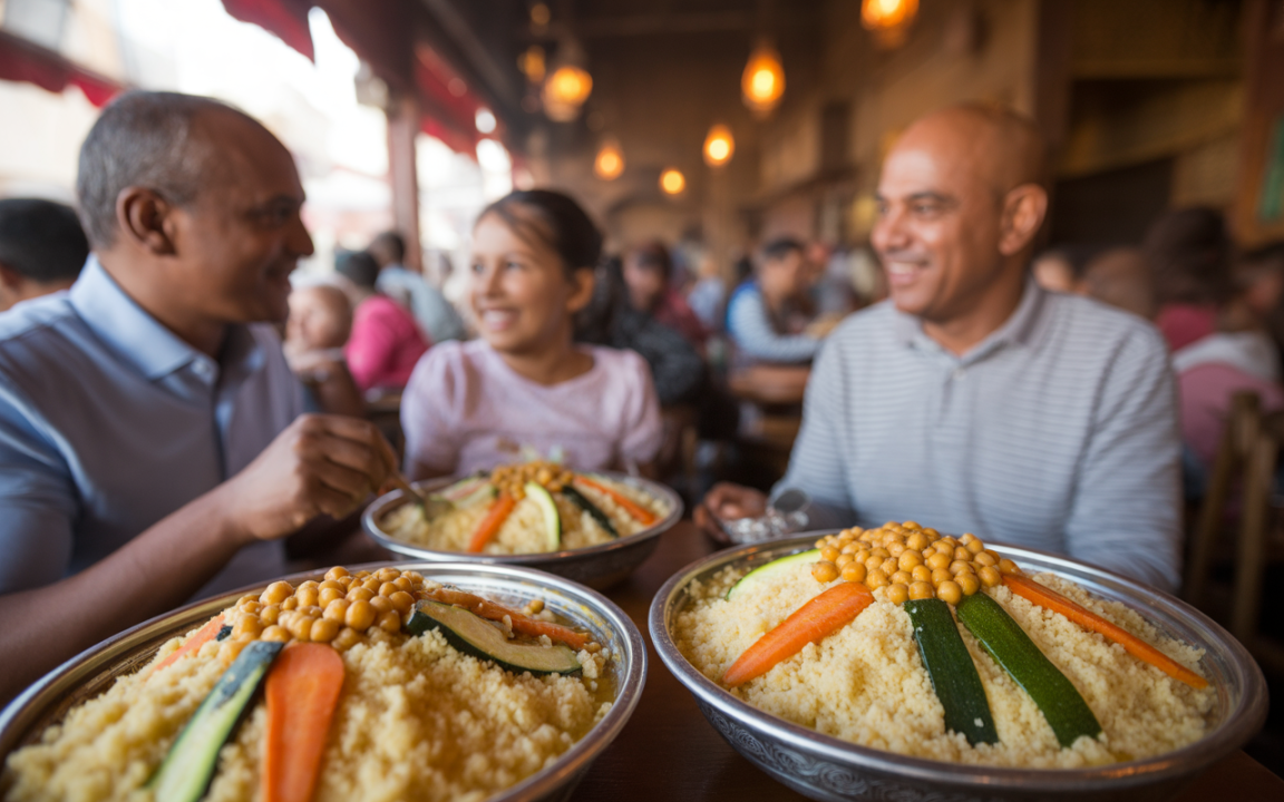 Deux personnes souriantes partagent un repas de couscous agrémenté de légumes, dans une atmosphère conviviale d'un restaurant animé.
