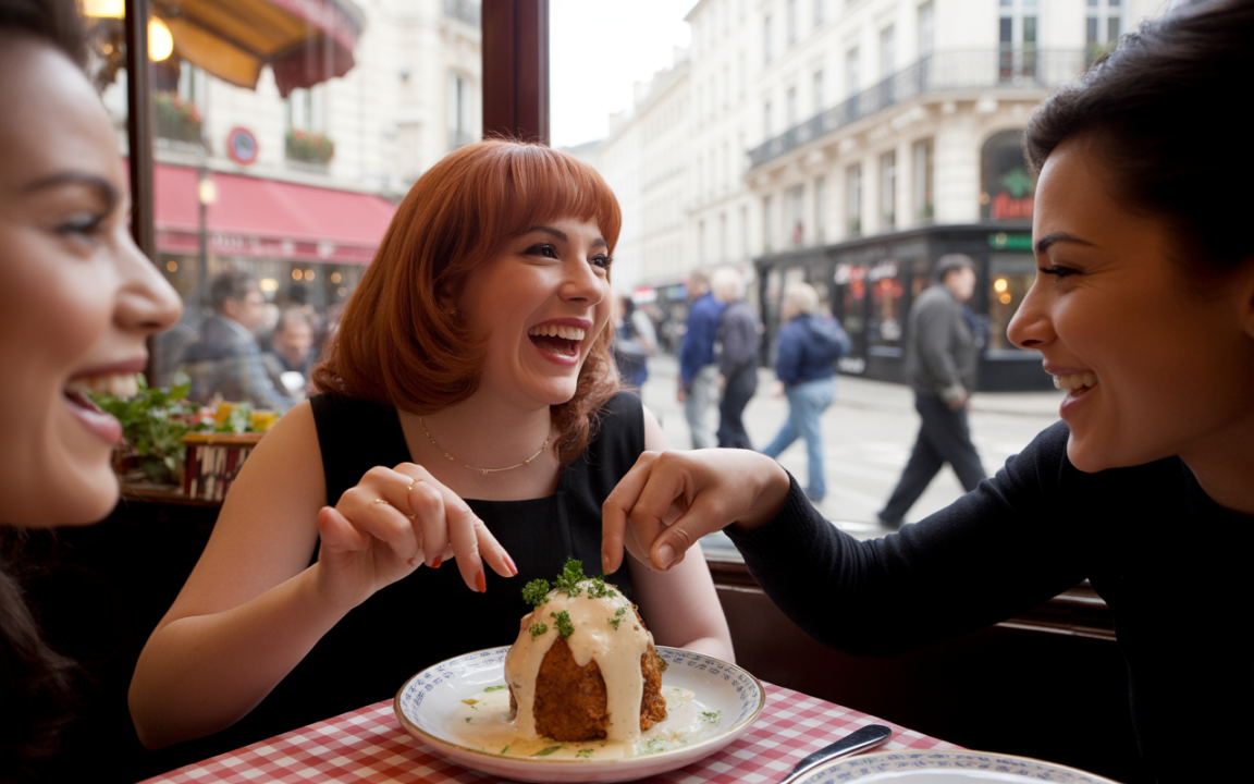 Trois femmes souriantes au restaurant partagent un plat crémeux, avec une vue sur la rue animée en arrière-plan.