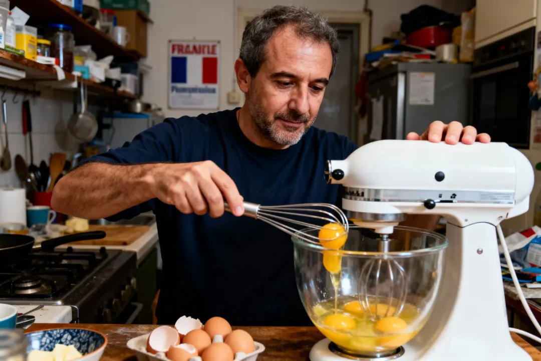 Homme battant des œufs dans un mixeur de cuisine, cuisine avec ustensiles et ingrédients visibles.