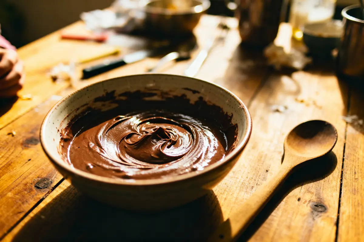 Bol de pâte au chocolat sur une table en bois, cuillère en bois à côté. Ambiance chaleureuse.
