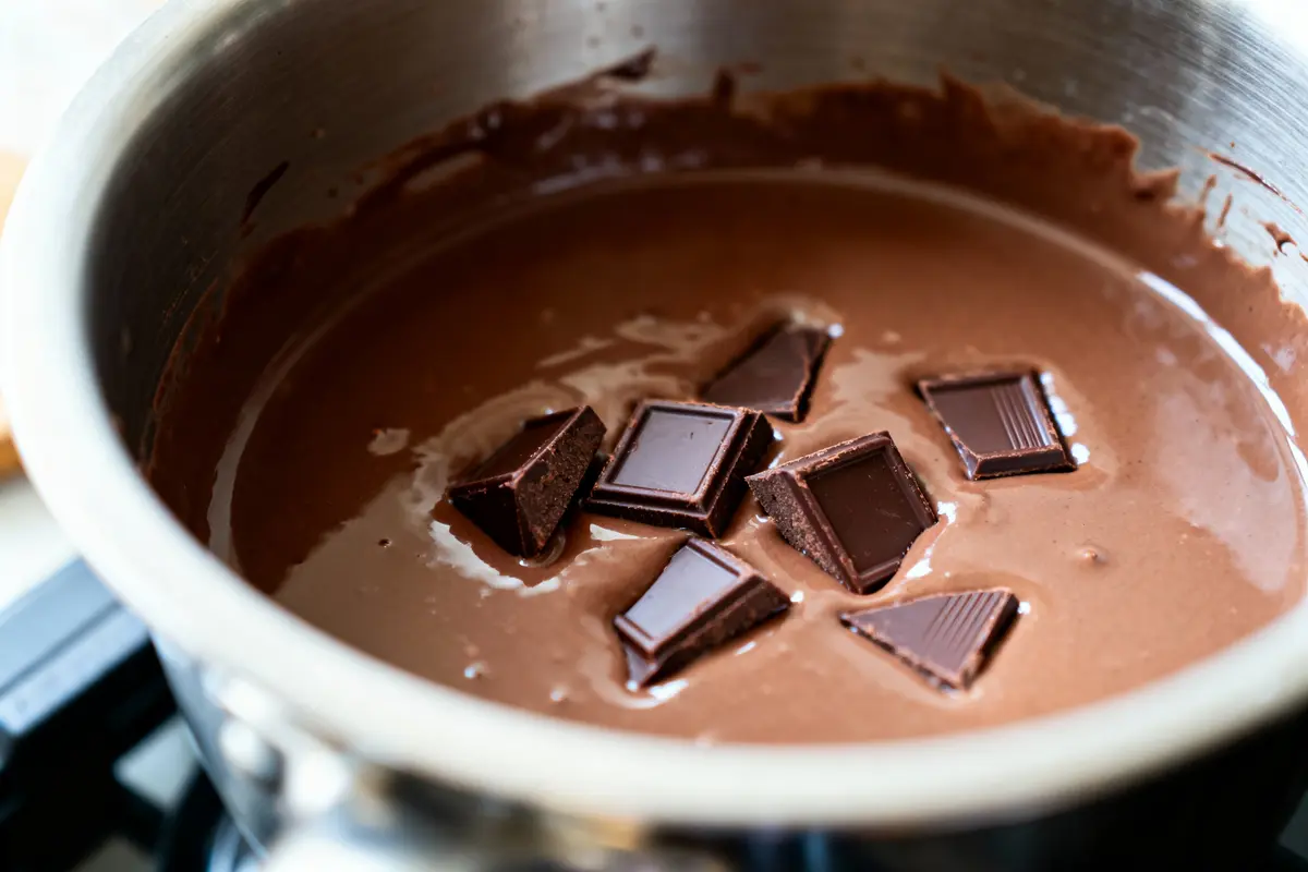 Morceaux de chocolat fondant dans une casserole remplie de préparation chocolatée lisse et onctueuse.
