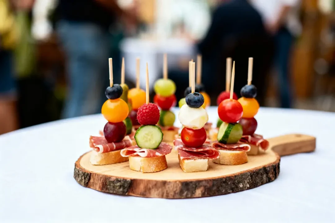 Brochettes colorées de fruits, légumes, et charcuterie sur planche à découper en bois, ambiance festive floue.