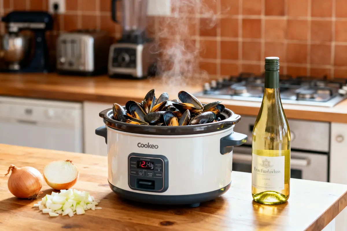 Cuiseur avec moules fumantes, oignon haché et bouteille de vin blanc sur table de cuisine.
