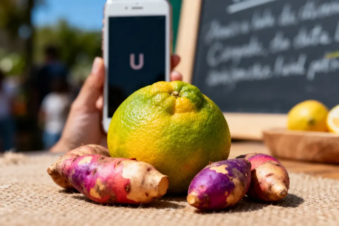 Main tenant un smartphone devant agrume et racines colorées, tableau flou en arrière-plan.