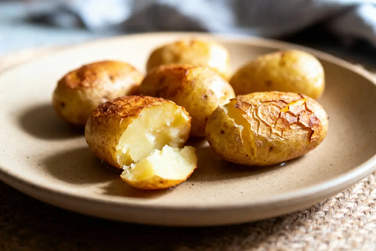 Assiette de pommes de terre cuites au four, avec l'une ouverte, sur nappe tissée en fond.