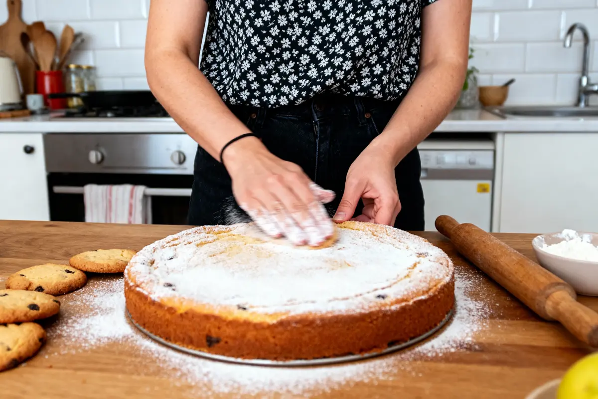 Personne saupoudrant de sucre glace un gâteau aux pépites de chocolat, avec des cookies et un rouleau pâtisserie.