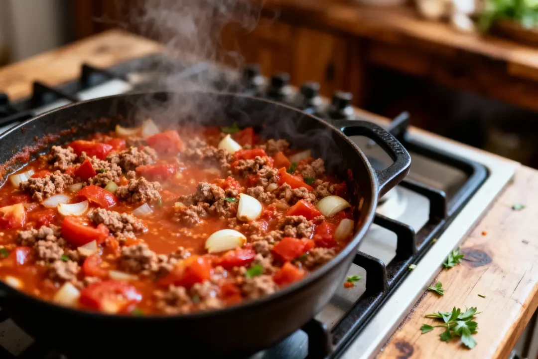 Poêlée mijotant sur cuisinière : viande hachée, tomates, oignons, sauce rouge fumante, cuisine rustique.