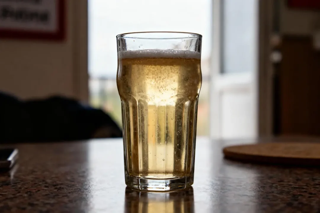 Verre de bière pétillante sur une table marron, intérieur flou en arrière-plan.