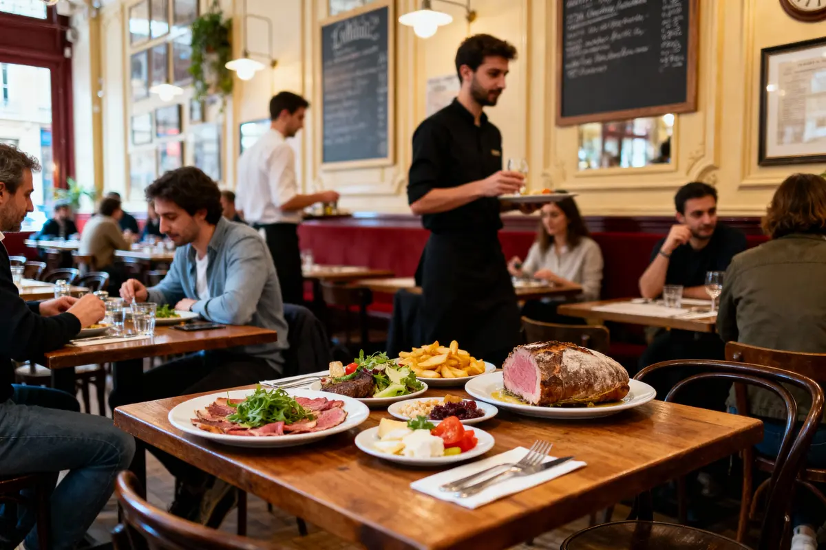 Restaurant animé, serveurs, clients, tables en bois, plats variés, ambiance chaleureuse, décor classique, murs jaunes, cadre Parisien.