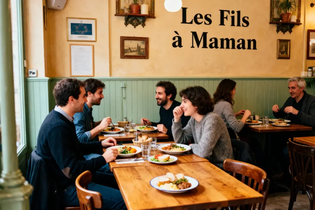 Des personnes dînent ensemble dans un restaurant chaleureux nommé "Les Fils à Maman".