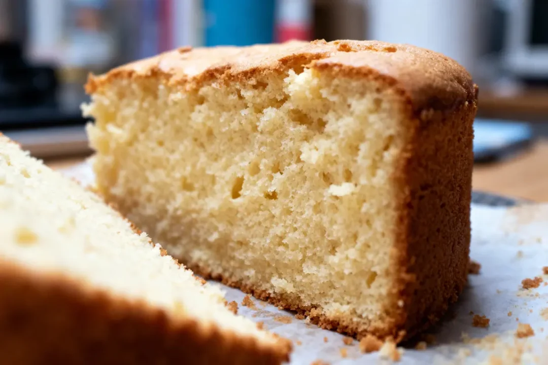 Gros plan d'un gâteau moelleux tranché, sur une table, avec texture visible.