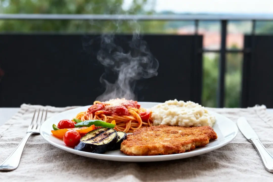 Assiette avec spaghetti, légumes grillés, escalope panée et risotto, sur une table avec couverts.