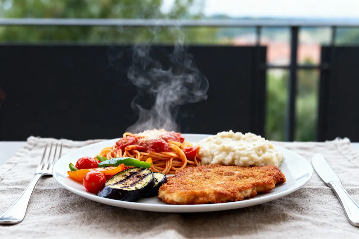Assiette avec spaghetti, légumes grillés, escalope panée et risotto, sur une table avec couverts.