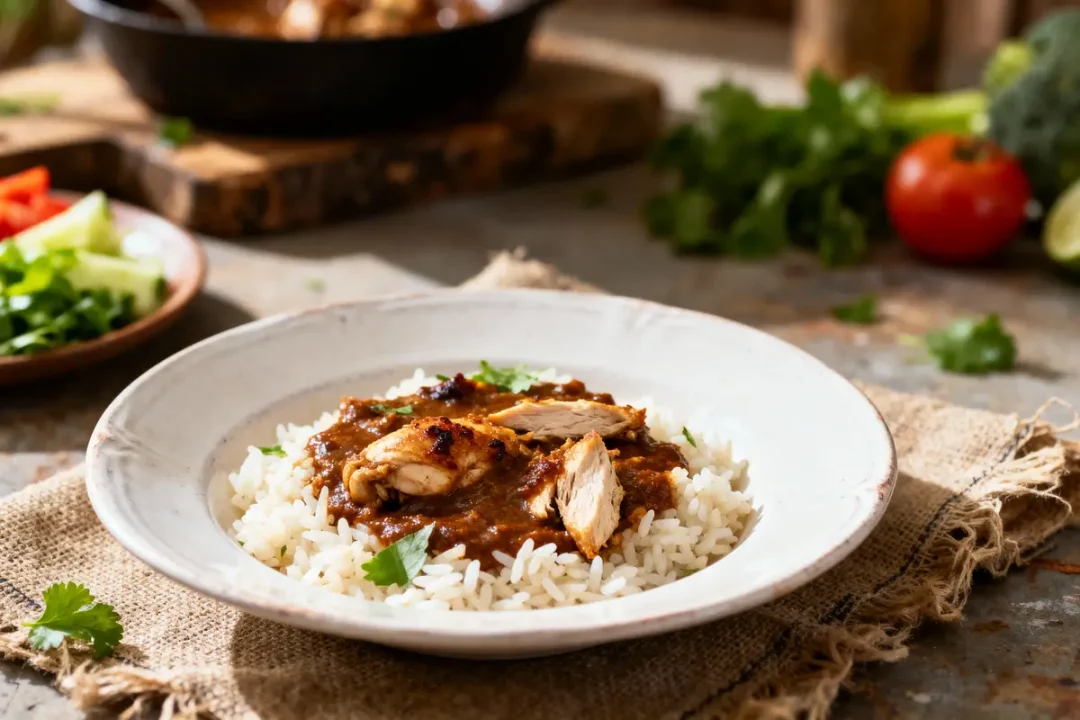 Assiette de riz blanc avec poulet en sauce brune, garnie de coriandre, légumes en arrière-plan.