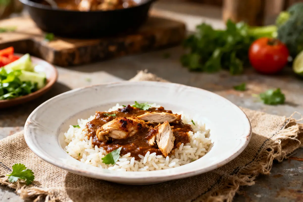 Assiette de riz blanc avec poulet en sauce brune, garnie de coriandre, légumes en arrière-plan.