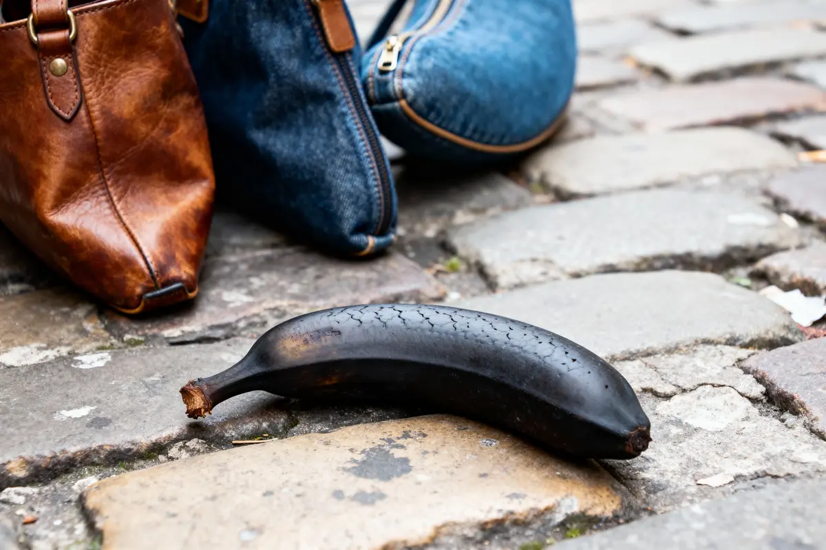 Banane noire sur un sol pavé, avec sacs en cuir marron et en denim à proximité.