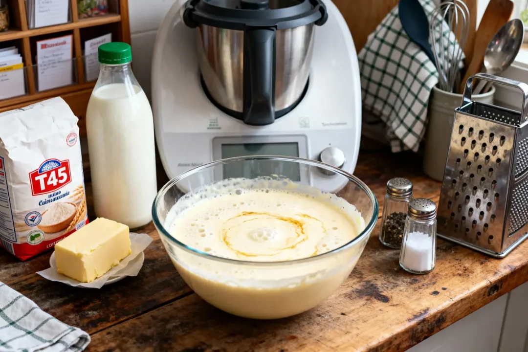 Ingrédients pâtisserie sur table : farine, lait, beurre, saladier avec pâte, Thermomix, râpe, sel, poivre.