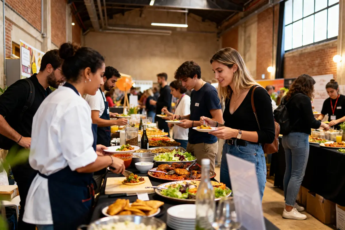 Personnes servant et prenant des plats variés à un buffet dans une grande salle animée.