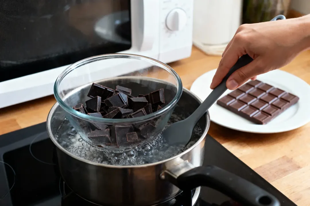 Chocolat noir fondant au bain-marie dans un bol en verre au-dessus d'une casserole d'eau frémissante.