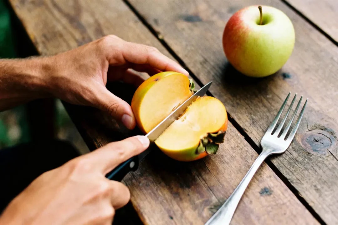 Main coupant un kaki avec un couteau, pomme et fourchette sur table en bois.