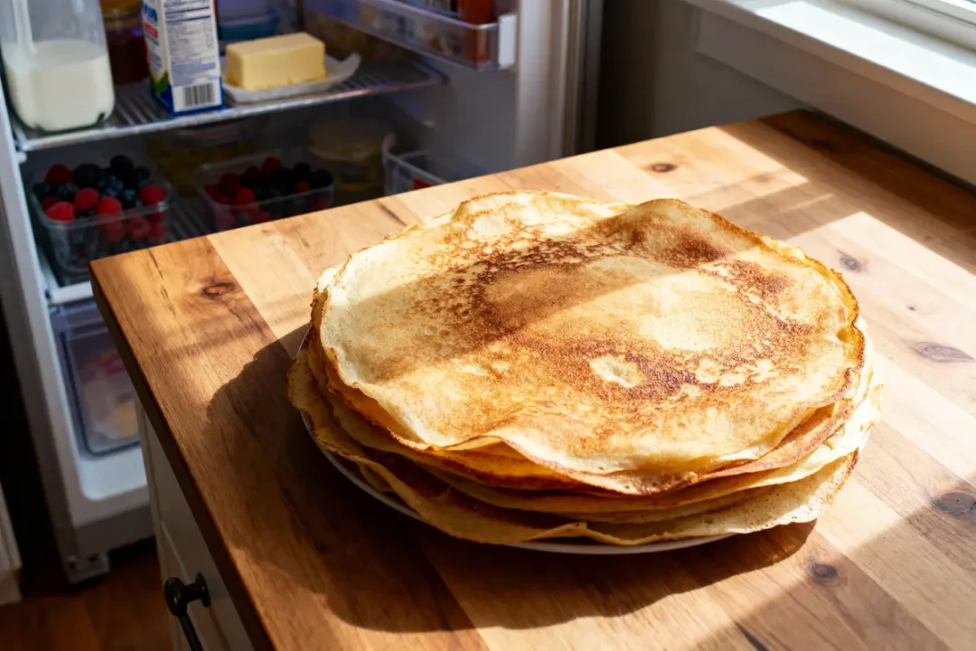 Pile de crêpes sur table en bois, réfrigérateur ouvert contenant beurre, lait, fruits.