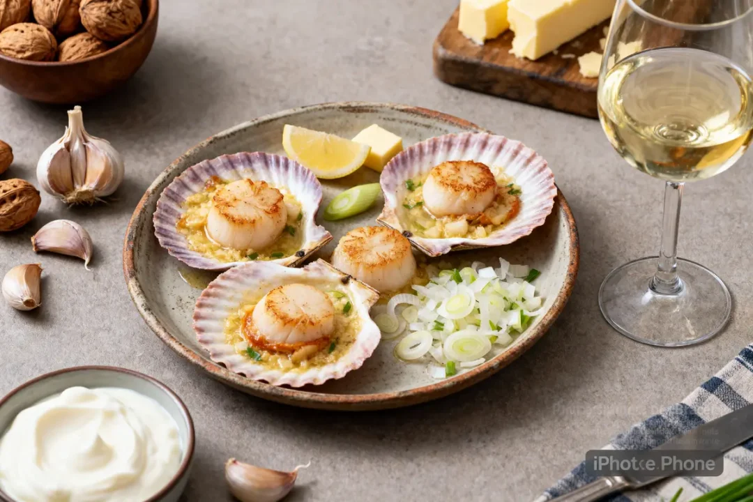 Assiettes de coquilles Saint-Jacques croustillantes, cives, ail, noix, verre de vin, beurre, crème et citron.