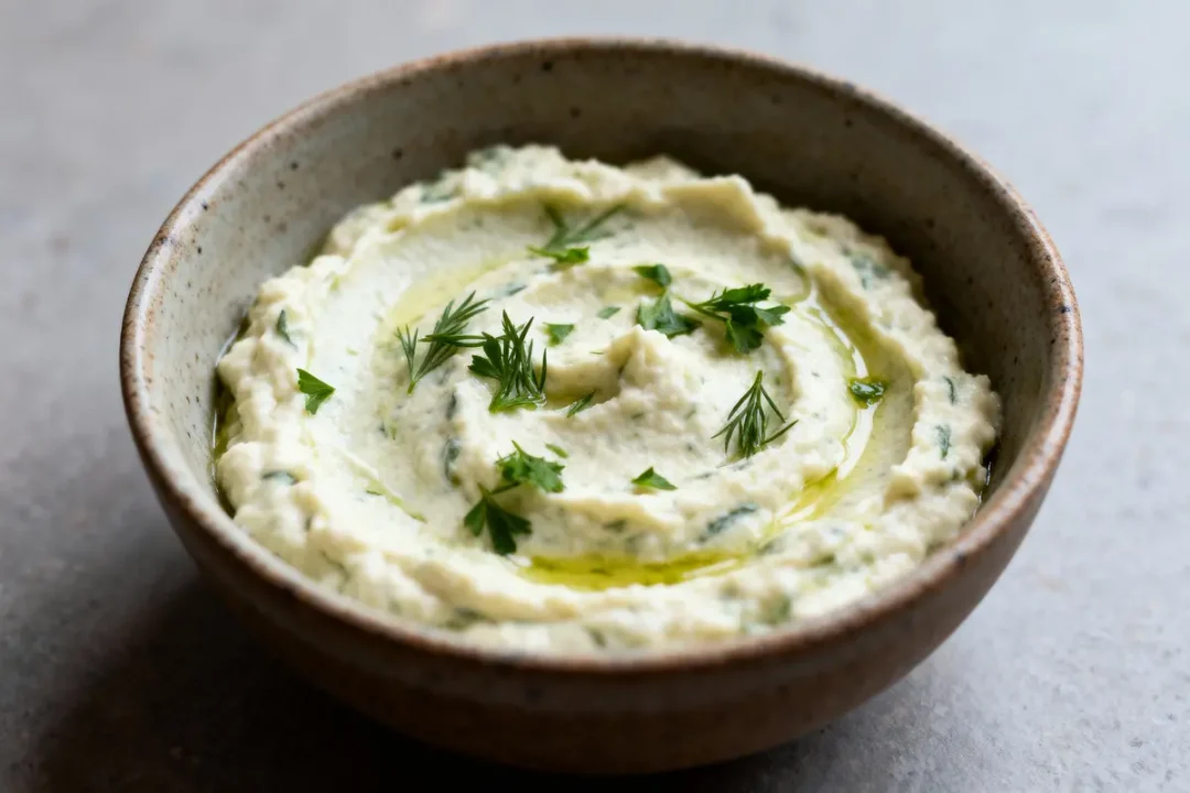 Un bol de houmous crémeux, garni de persil frais et d'huile d'olive, sur table grise.