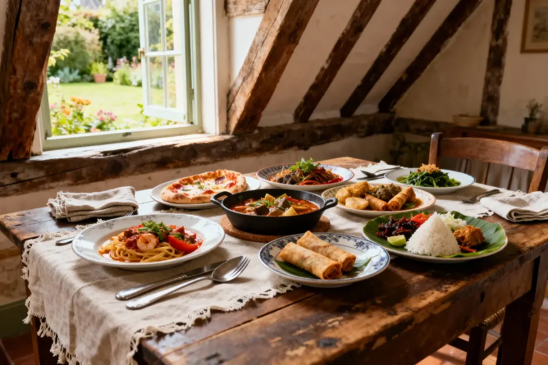 Table en bois avec divers plats internationaux, proche de la fenêtre ouverte sur un jardin fleuri.
