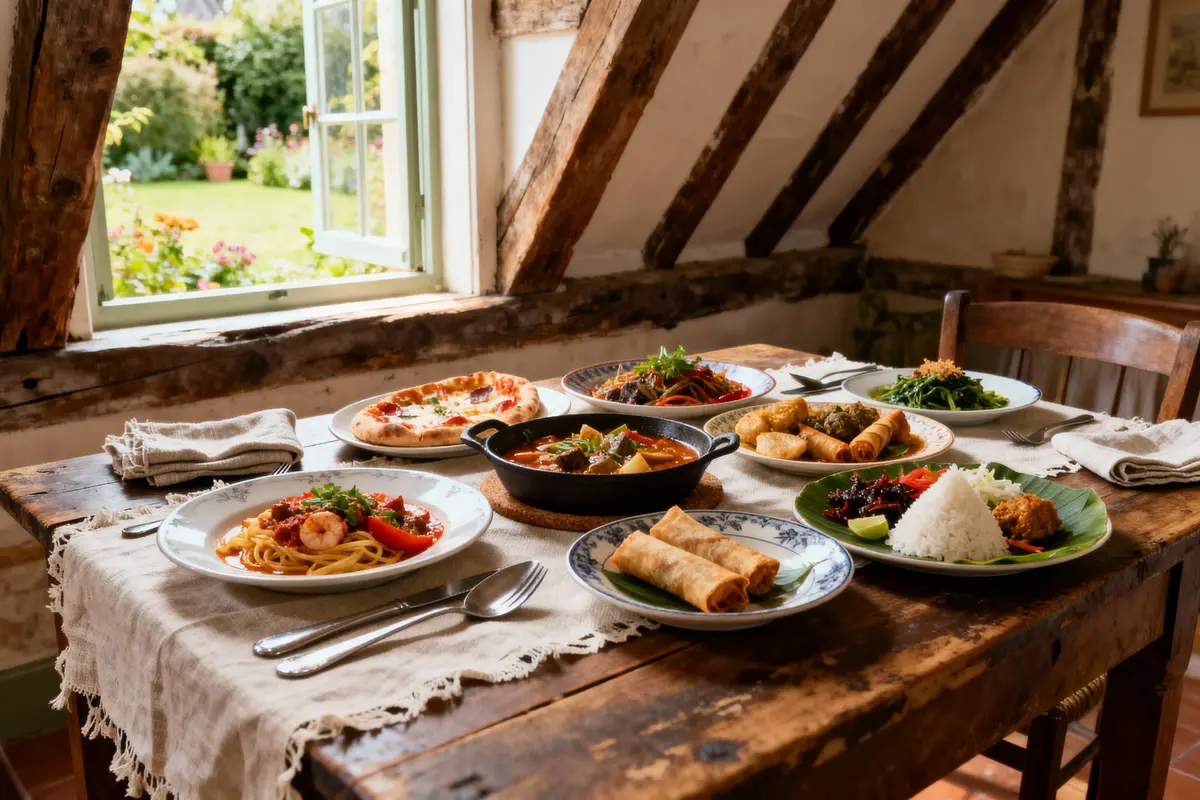 Table en bois avec divers plats internationaux, proche de la fenĂȘtre ouverte sur un jardin fleuri.