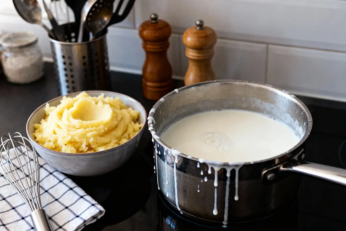 Bol de purée, casserole de lait sur plaque, fouet et torchon à carreaux, épices en arrière-plan.