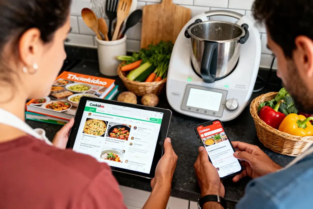 Deux personnes regardent des recettes sur une tablette et un smartphone, cuisine équipée, panier de légumes, robot culinaire.