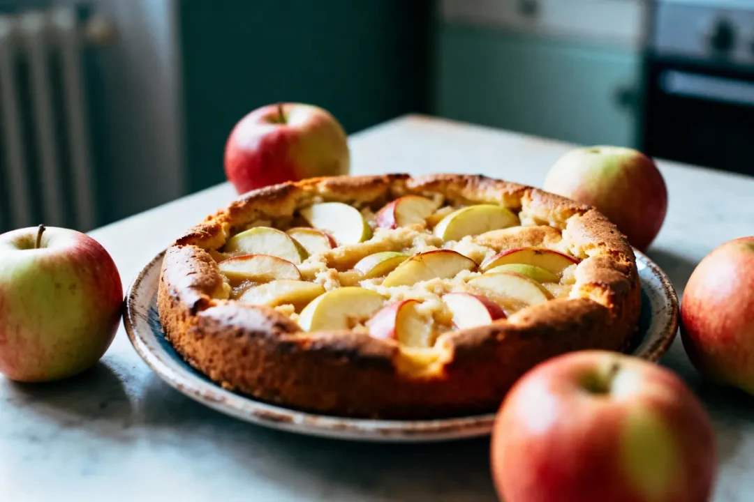 Tarte aux pommes frais sur table, entourée de pommes entières, cuisine en arrière-plan flou.