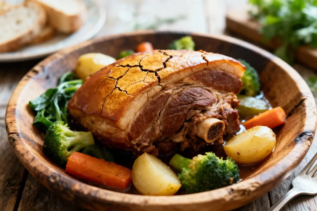 Rôti de porc croustillant avec légumes assortis dans un plat en bois, pain en arrière-plan.