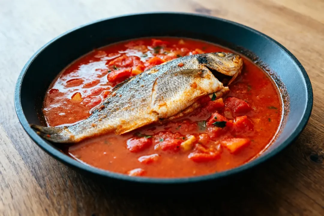 Poisson entier dans une poêle de sauce tomate épicée, sur une table en bois.
