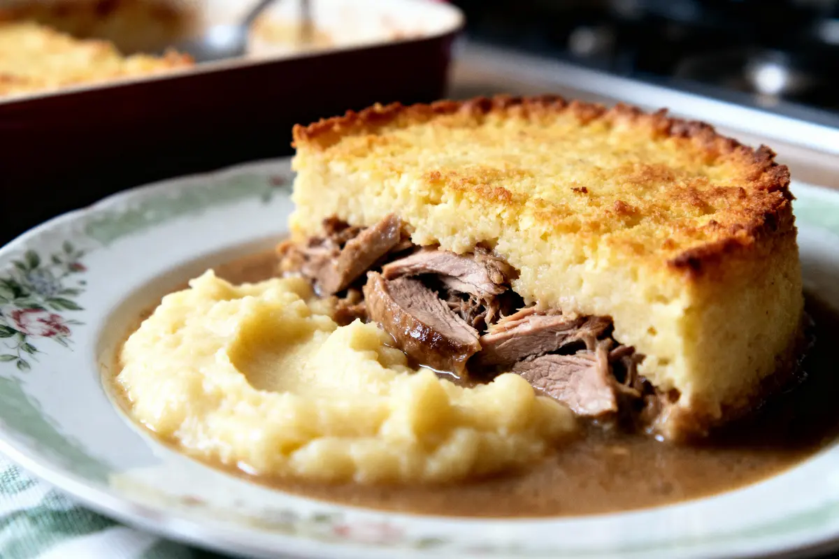 Part de tourte à la viande avec purée et sauce dans une assiette décorée.