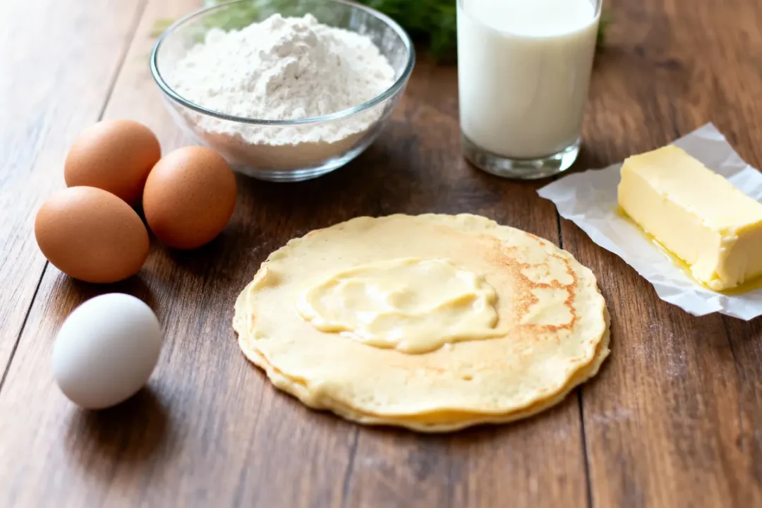 Ingrédients de crêpes sur table en bois : œufs, farine, lait, beurre, crêpe garnie.