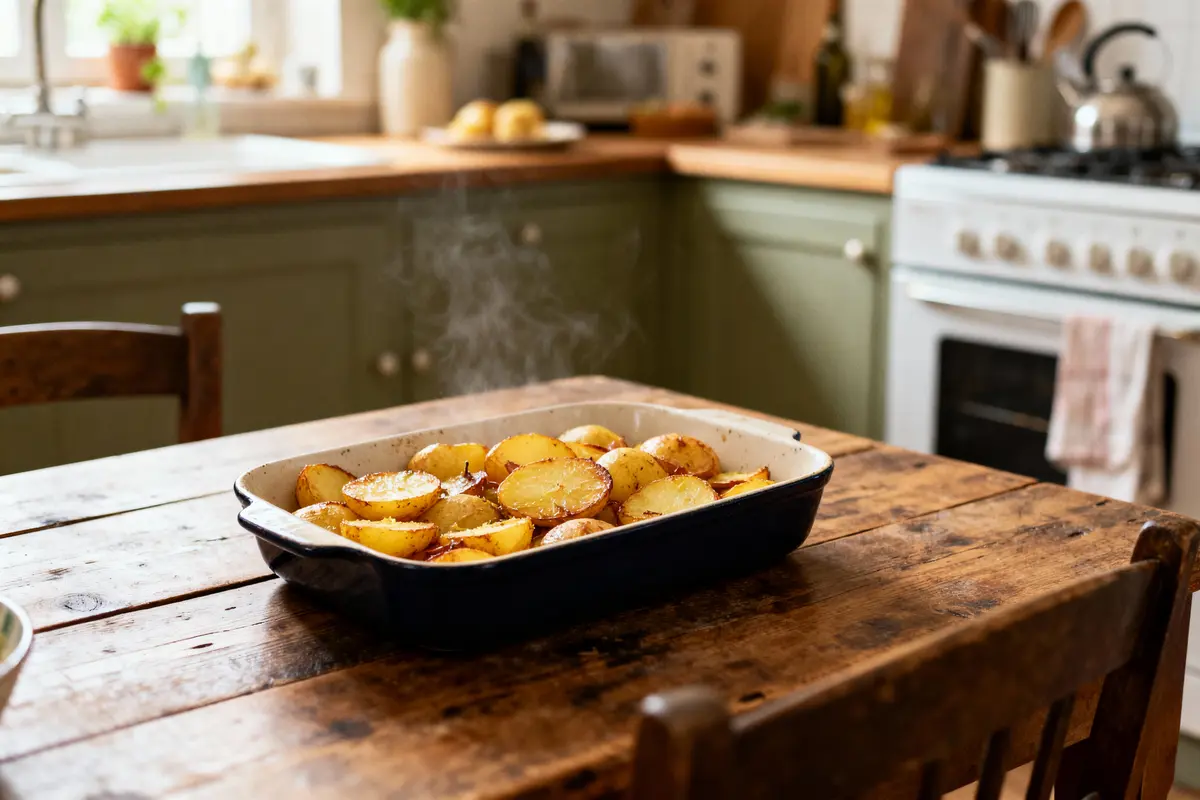 Plat de pommes de terre rôties sur une table en bois dans une cuisine rustique et lumineuse.