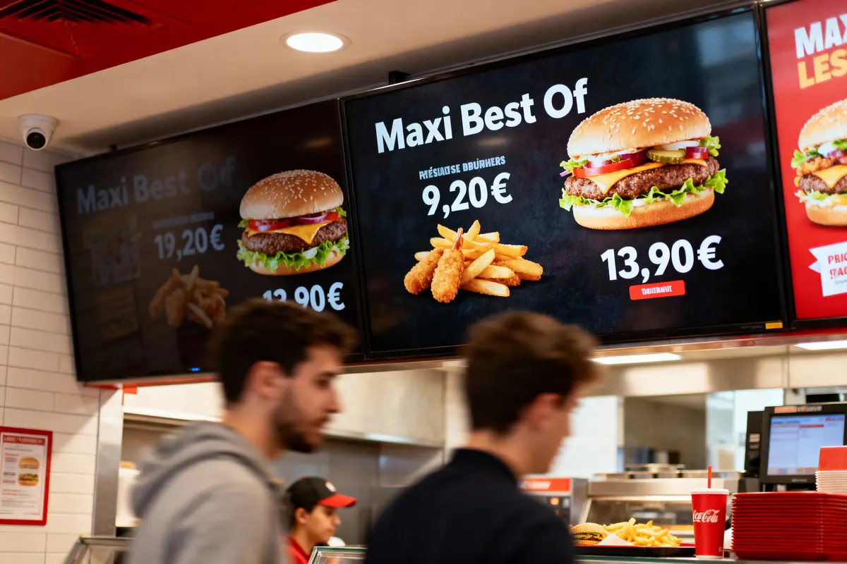 Écrans de menu de fast-food affichant des offres de hamburgers et frites, avec deux clients en premier plan.