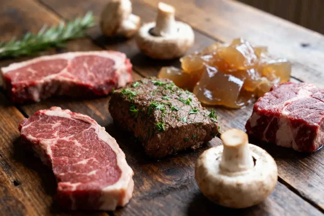 Pièces de viande crue et cuite, champignons, gelée, branche de romarin sur table en bois.