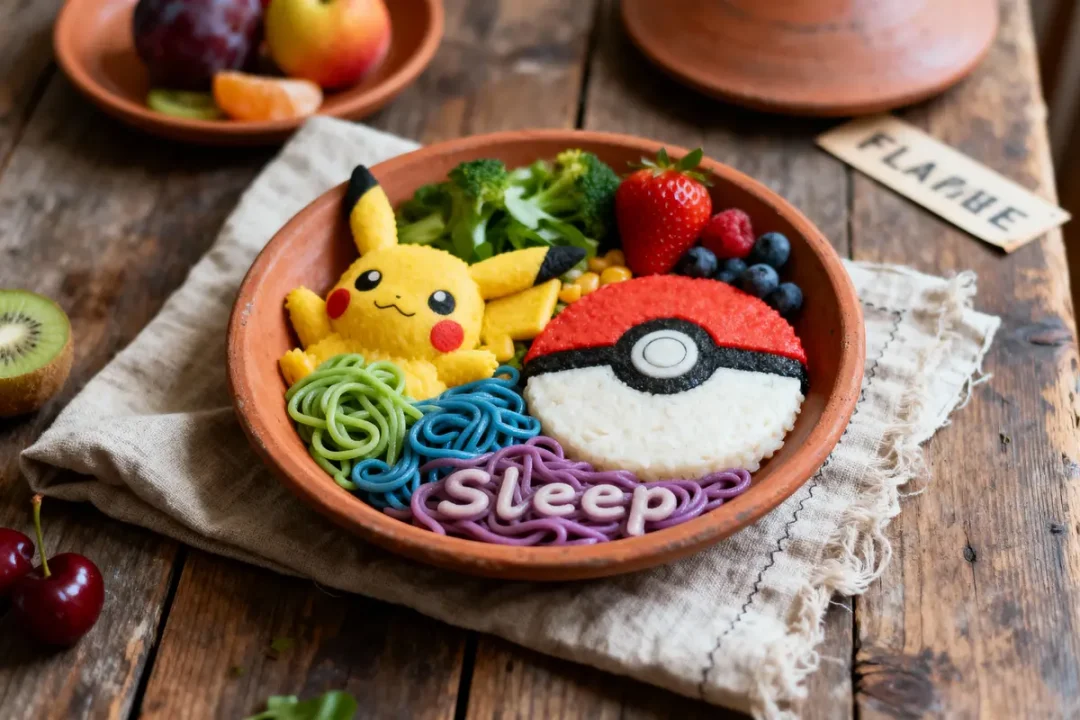 Assiette créative avec nourriture Pikachu, Pokéball, nouilles colorées, fruits, et légumes, sur table rustique.