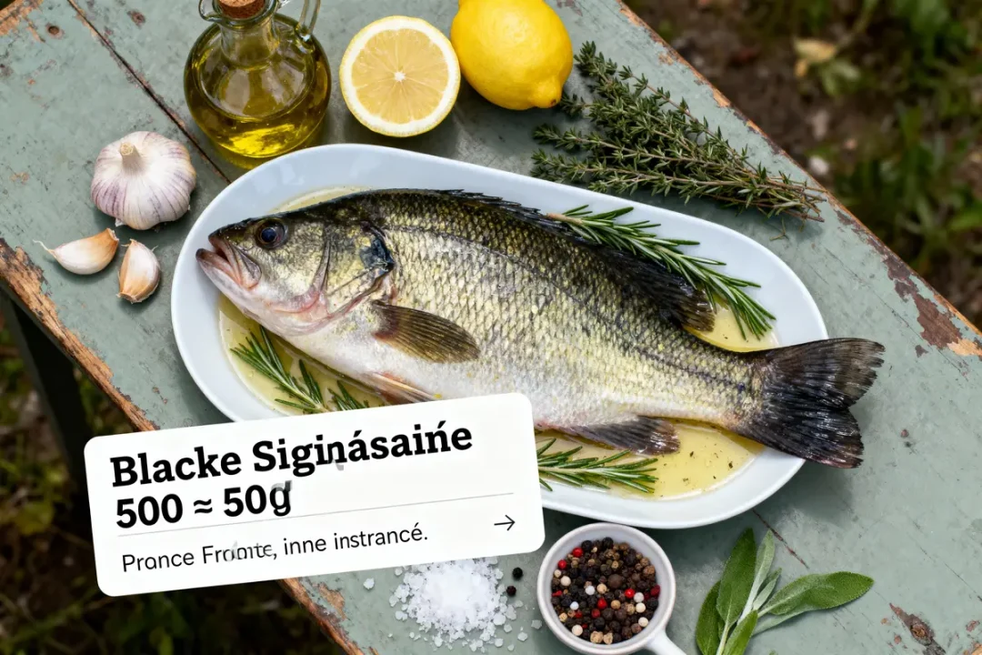 Poisson entier sur assiette avec herbes, ail, citron, huile d'olive et épices sur table en bois.