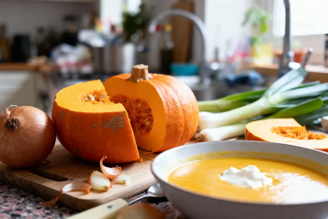 Tranche de potiron, oignon, poireaux sur planche, bol de soupe au potiron dans une cuisine.