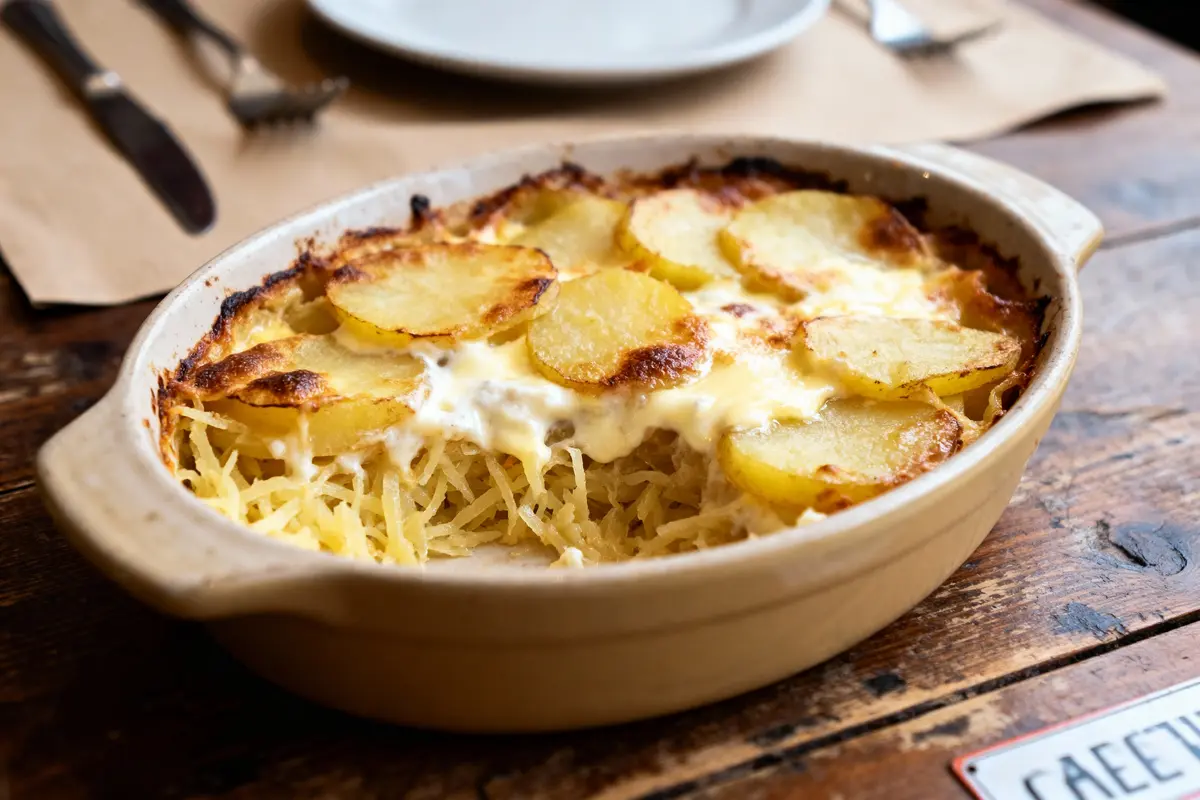 Plat de gratin de pommes de terre au fromage fondu, sur une table en bois avec ustensiles de cuisine.
