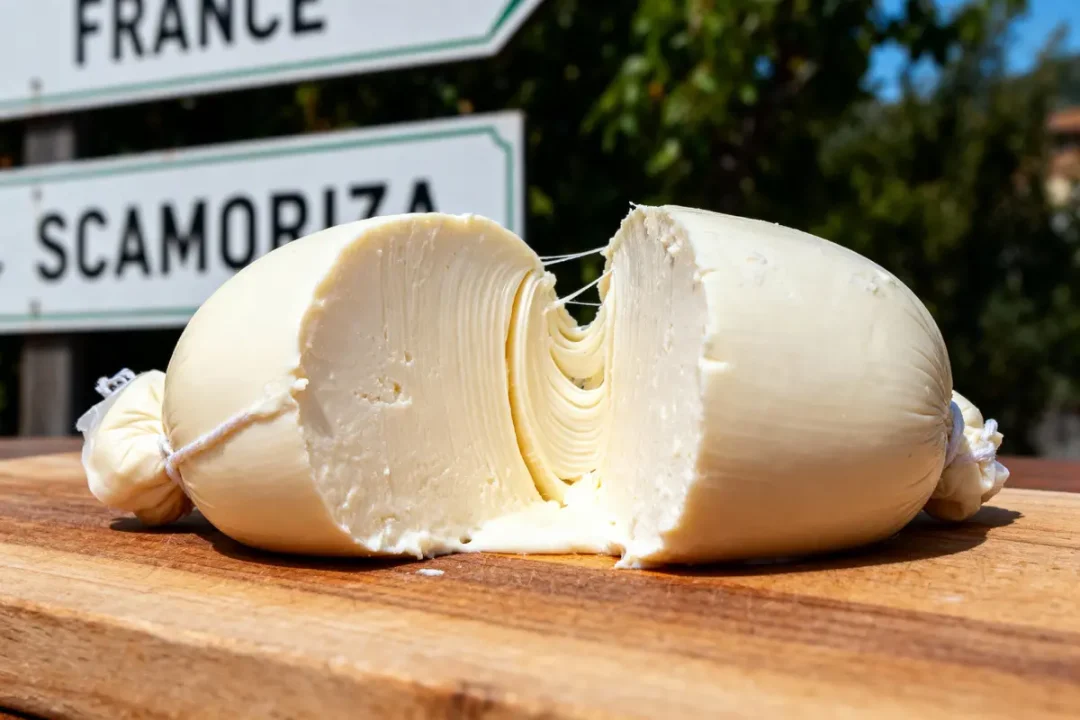 Fromage à pâte filée, coupé en deux, sur planche bois, panneaux routiers flous en arrière-plan.