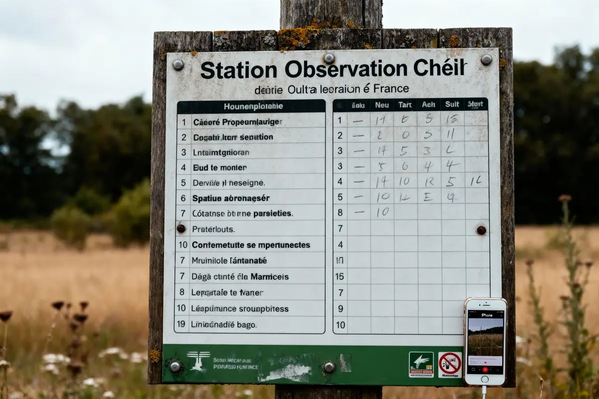 Panneau d'une station d'observation nature en plein air avec liste et téléphone accroché.