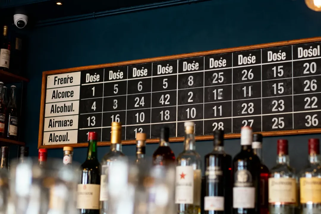 Tableau de scores humoristique au-dessus de bouteilles d'alcool dans un bar. Calcul des doses.