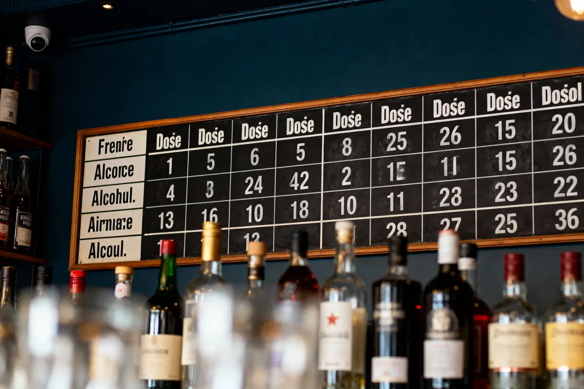 Tableau de scores humoristique au-dessus de bouteilles d'alcool dans un bar. Calcul des doses.
