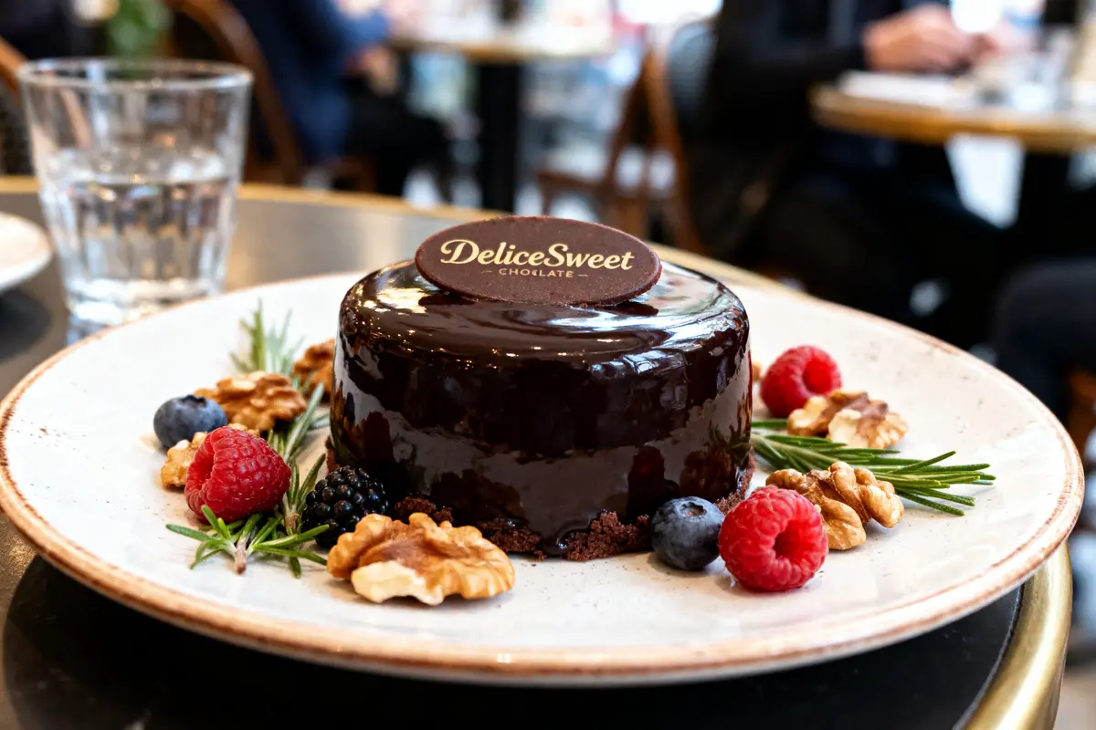 Gâteau au chocolat brillant, fruits rouges et noix, place sur assiette blanche, fond flou de café.