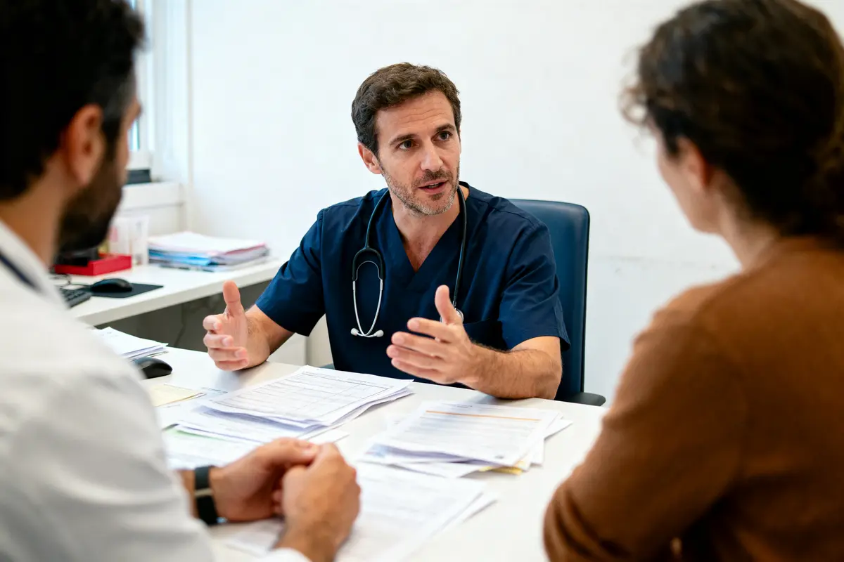 Médecin en uniforme bleu discutant avec deux personnes dans un bureau médical, documents devant eux.
