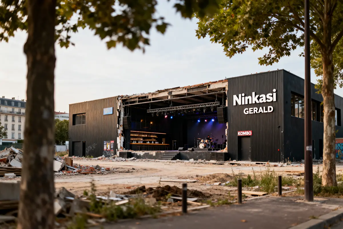 Bâtiment Ninkasi Gerald en construction, scène musicale visible, arbres au premier plan.